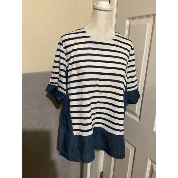 AG Adriano Goldschmied Shirt Womens XL Navy White Striped Chambray Back Zip - Picture 1 of 5
